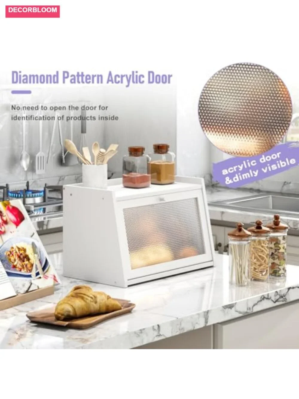 Large Farmhouse Bread Box with Wavy Window - Bamboo Wood Kitchen Countertop
